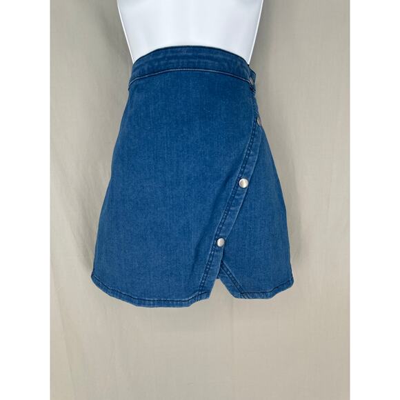 Free People Skirt Womens 12 Blue Denim Mini Snap Front Wrap Stretch Capsule Boho - Picture 1 of 8